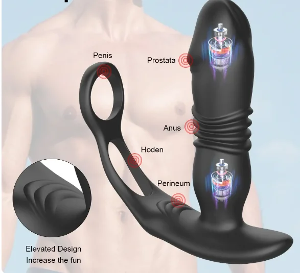 Thrusting Prostate Massager Butt Plug Double Cock Penis Ring