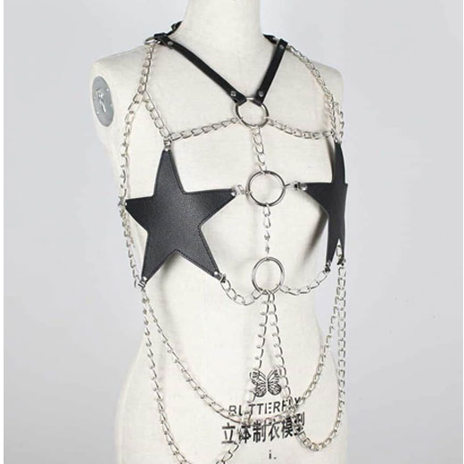 Sexy Star Faux Leather Body Harness Metal Chain Crop Top For Women