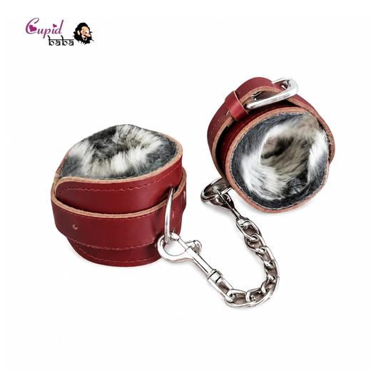 Brown Leather handcuffs with fur