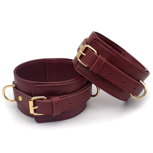 Burgundy Bondage Leather Restraint Set, Cuffs, and Collar