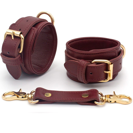 Burgundy Bondage Leather Restraint Set, Cuffs, and Collar