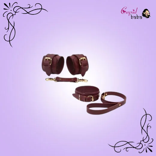 Burgundy Bondage Leather Restraint Set, Cuffs, and Collar