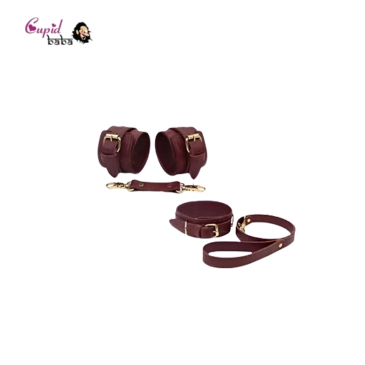 Burgundy Bondage Leather Restraint Set, Cuffs, and Collar