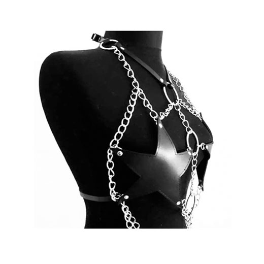 Sexy Star Faux Leather Body Harness Metal Chain Crop Top For Women