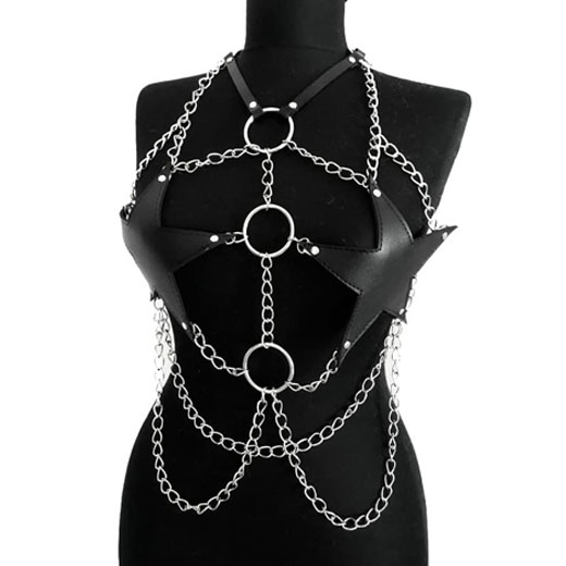 Sexy Star Faux Leather Body Harness Metal Chain Crop Top For Women