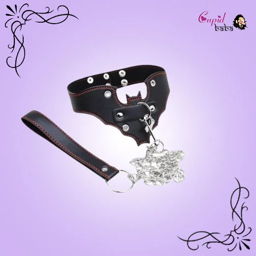 Genuine Leather Bat Shape Collar With Chain Leash