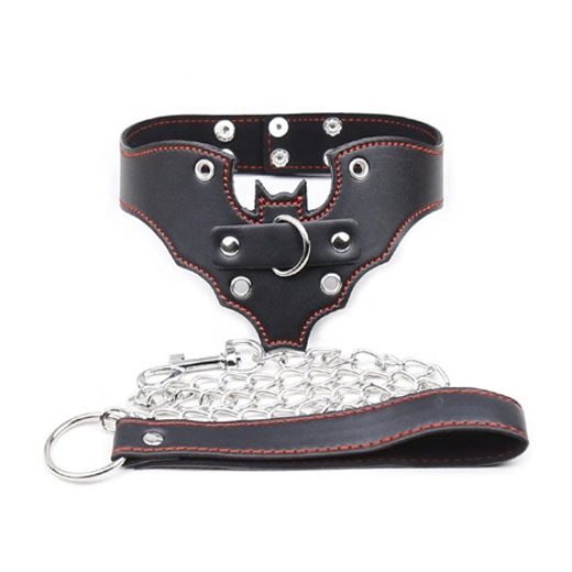 Genuine Leather Bat Shape Collar With Chain Leash