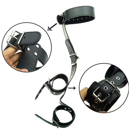 Leather Neck Collar to Hand Restraint Wrist Cuffs Slave Harness Bondage Adult Fetish