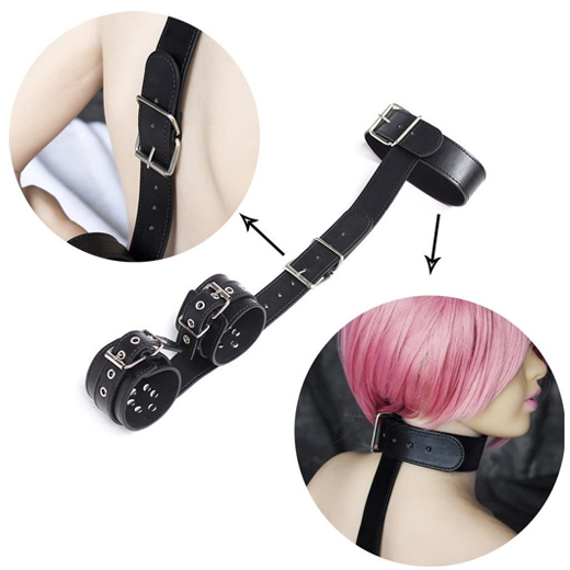Leather Neck Collar to Hand Restraint Wrist Cuffs Slave Harness Bondage Adult Fetish