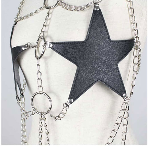 Sexy Star Faux Leather Body Harness Metal Chain Crop Top For Women