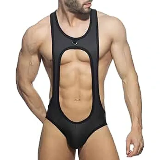 Men Faux Leather Open Butt Bodysuit