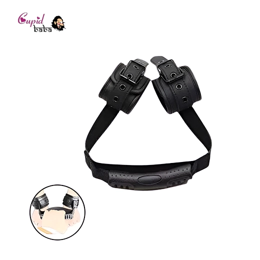 PU Leather Handcuffs With Traction Handle Fetish For Woman Couples