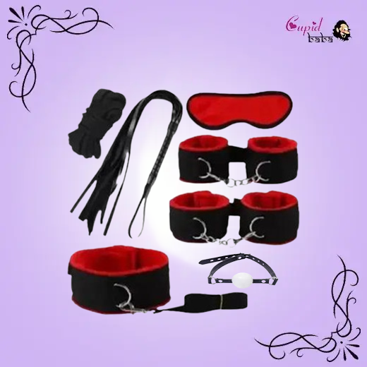 Red & Black 7 Pcs set BDSM Bondage Kit Handcuffs