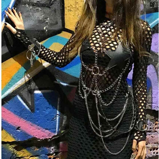 Sexy Star Faux Leather Body Harness Metal Chain Crop Top For Women