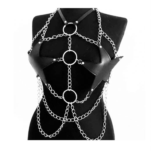 Sexy Star Faux Leather Body Harness Metal Chain Crop Top For Women