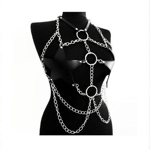 Sexy Star Faux Leather Body Harness Metal Chain Crop Top For Women