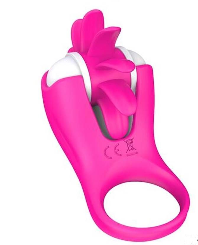 Vibrating Silicone Cock Ring with Rotating Tongue Clitoris for Man Couple