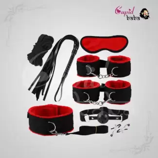 Red & Black 8 Pcs set BDSM Bondage Kit Handcuffs
