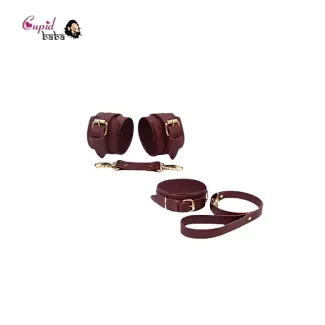 Burgundy Bondage Leather Restraint Set, Cuffs, and Collar