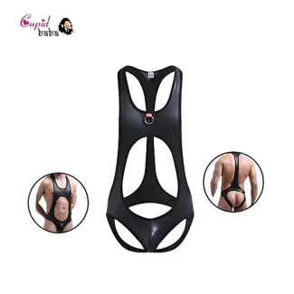 Men Faux Leather Open Butt Bodysuit
