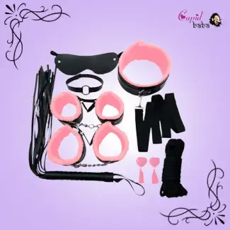 Pink & Black 8 Pcs set BDSM Bondage Kit Handcuffs