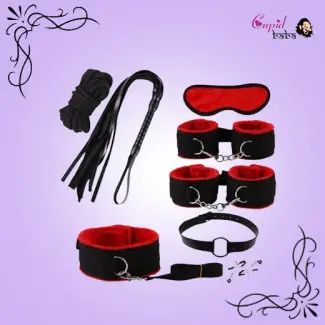 Red & Black 8 Pcs set BDSM Bondage Kit Handcuffs