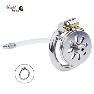 Stainless Steel Flat Chastity Cage With Urethral Penis Plug